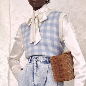 Tanner Fletcher Blue White Plaid V-Neck Mohair Wool Knit Sweater Vest Coquette 4